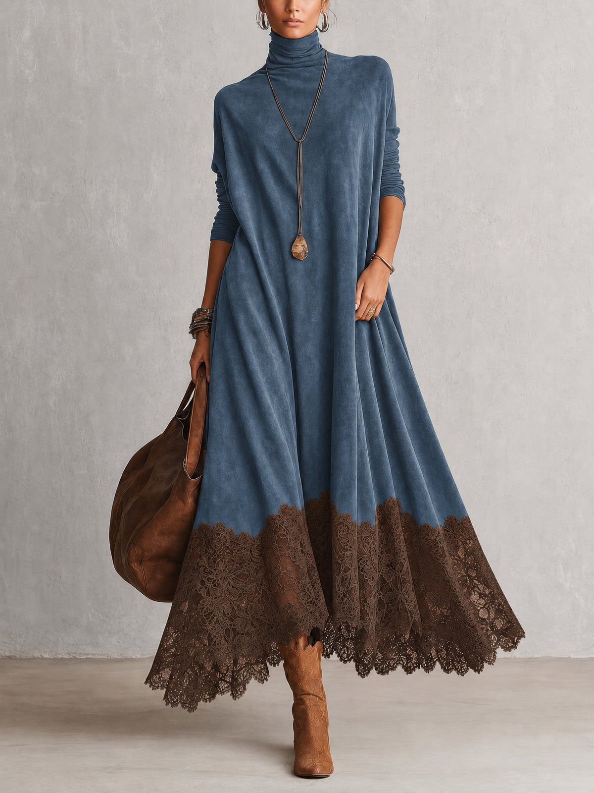 Leonora | Abito Maxi con Orlo in Pizzo e Maniche Arricciate