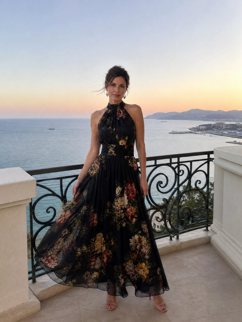 Valentina | Abito midi con stampa floreale e collo halter