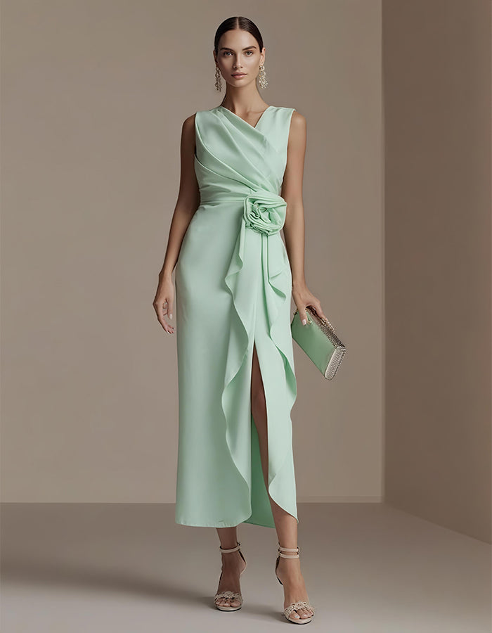 Elisabetta | Abito Midi Drappeggiato con Fiore in Vita e Spacco