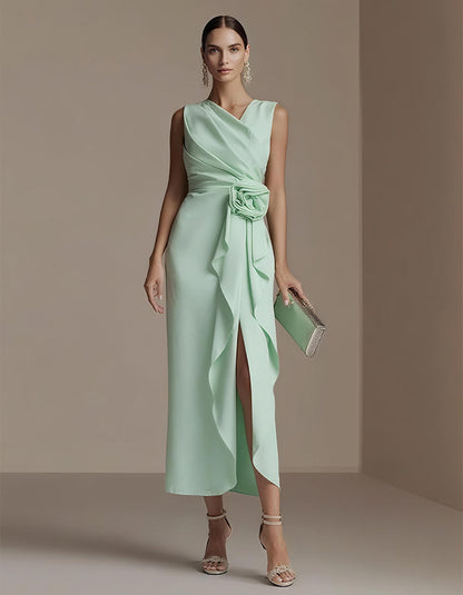 Elisabetta | Abito Midi Drappeggiato con Fiore in Vita e Spacco