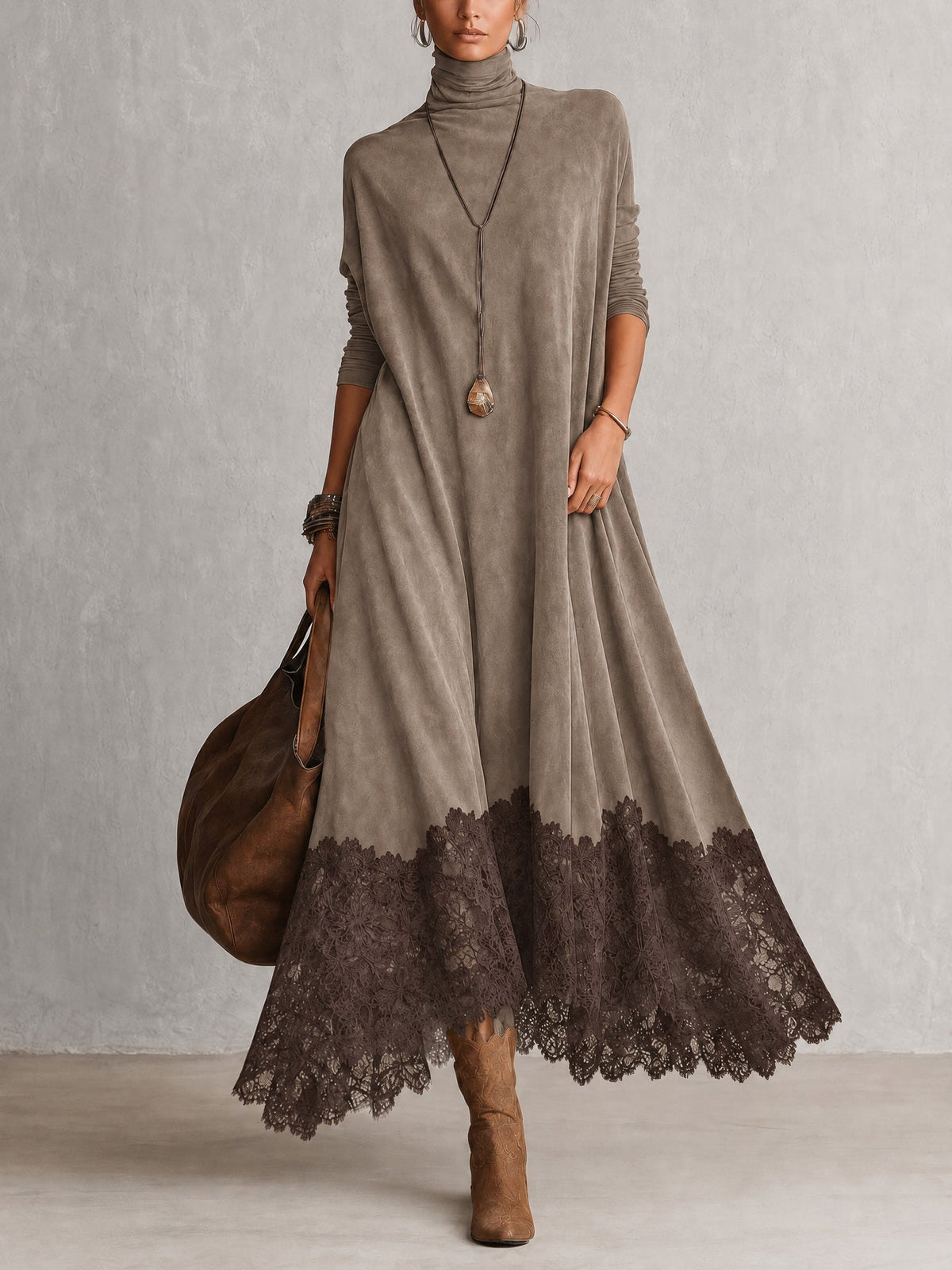 Leonora | Abito Maxi con Orlo in Pizzo e Maniche Arricciate
