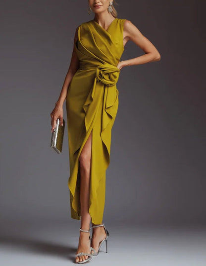 Elisabetta | Abito Midi Drappeggiato con Fiore in Vita e Spacco