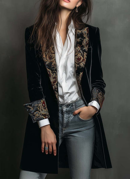 Leontina | Blazer Nero Aderente Stampa Barocca
