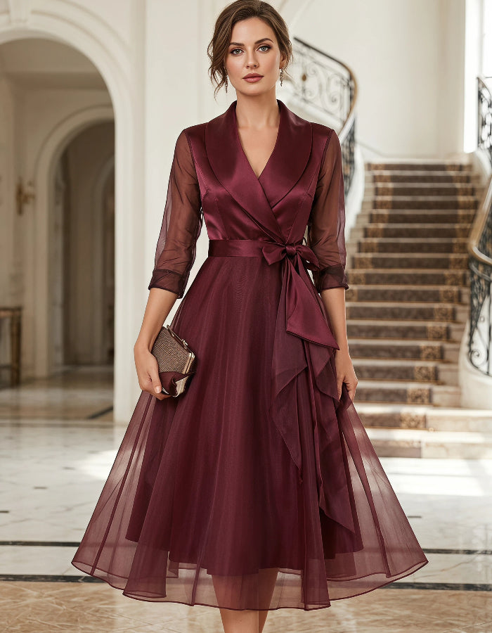 Mirella | Abito Midi con Scollo a V e Fiocco in Vita