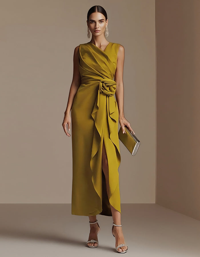 Elisabetta | Abito Midi Drappeggiato con Fiore in Vita e Spacco