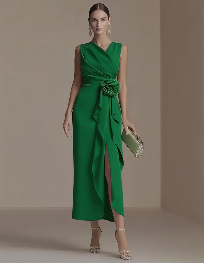 Elisabetta | Abito Midi Drappeggiato con Fiore in Vita e Spacco