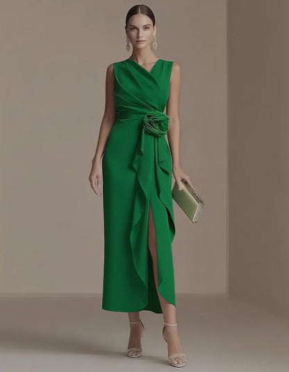 Elisabetta | Abito Midi Drappeggiato con Fiore in Vita e Spacco