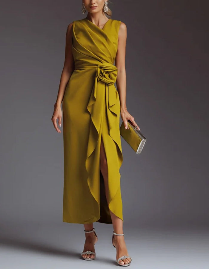 Elisabetta | Abito Midi Drappeggiato con Fiore in Vita e Spacco