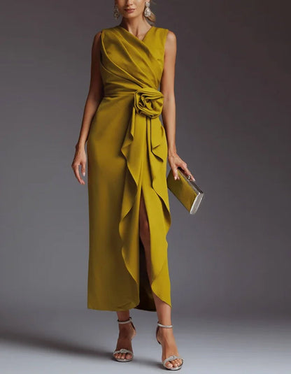 Elisabetta | Abito Midi Drappeggiato con Fiore in Vita e Spacco