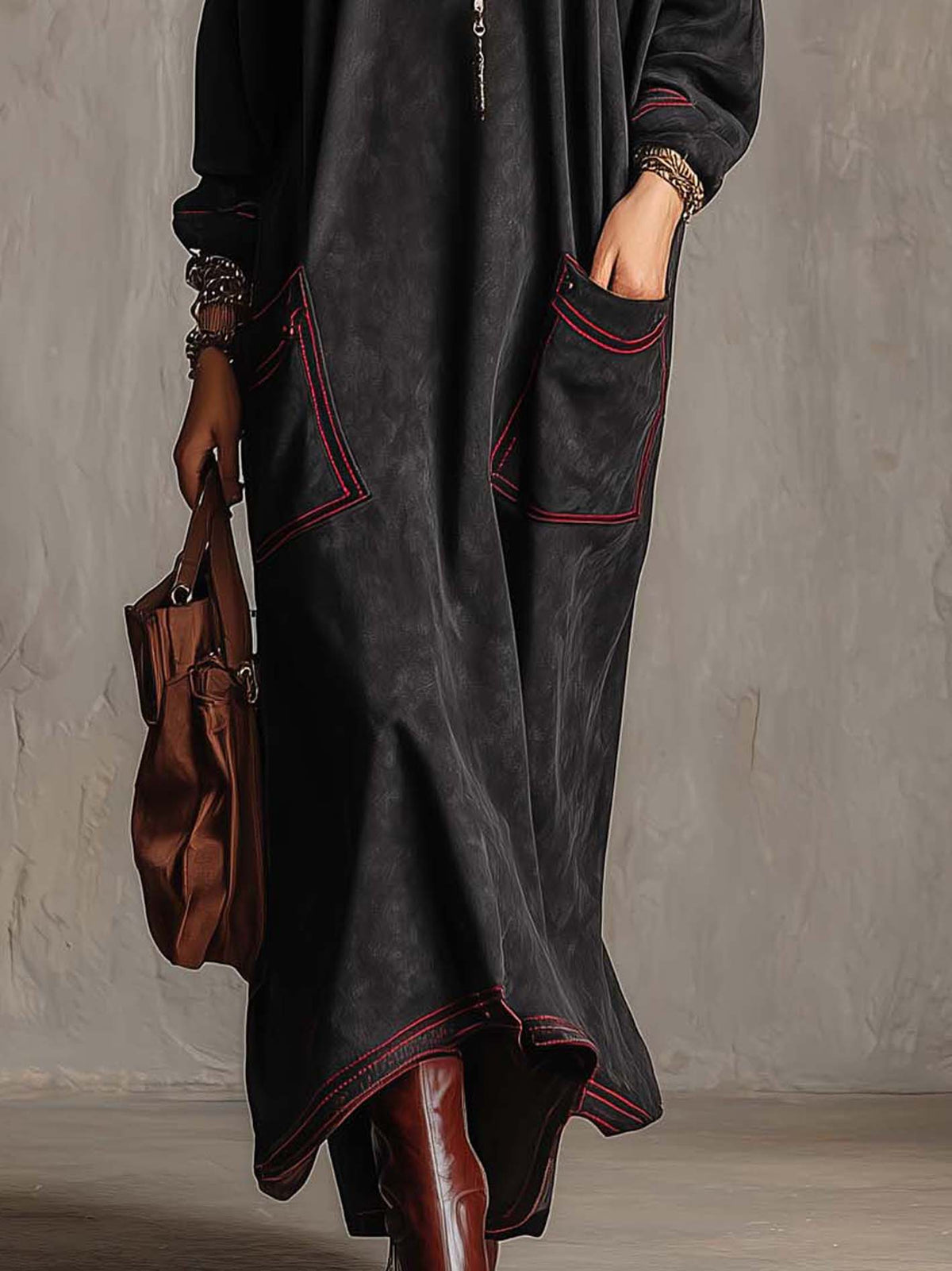 Mariella | Abito Maxi con Cuciture a Contrasto e Tasche