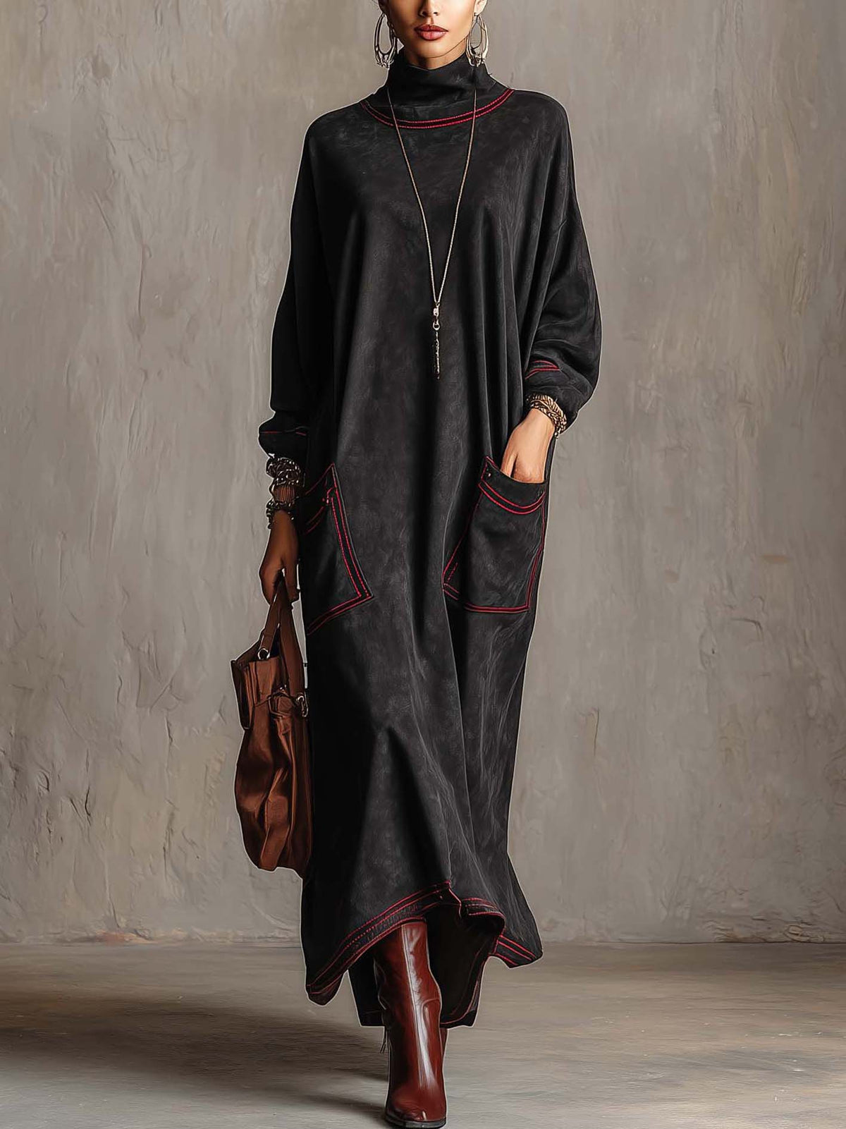 Mariella | Abito Maxi con Cuciture a Contrasto e Tasche