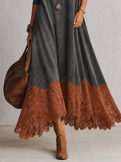 Leonora | Abito Maxi con Orlo in Pizzo e Maniche Arricciate