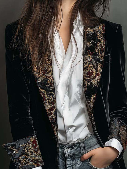 Leontina | Blazer Nero Aderente Stampa Barocca