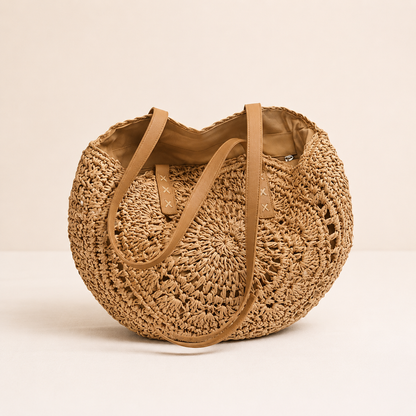 Lola | Bolso redondo de paja trenzada con estampado — Coñac