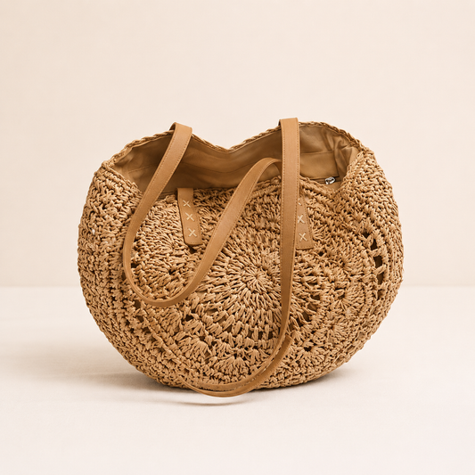 Lola | Bolso redondo de paja trenzada con estampado — Coñac
