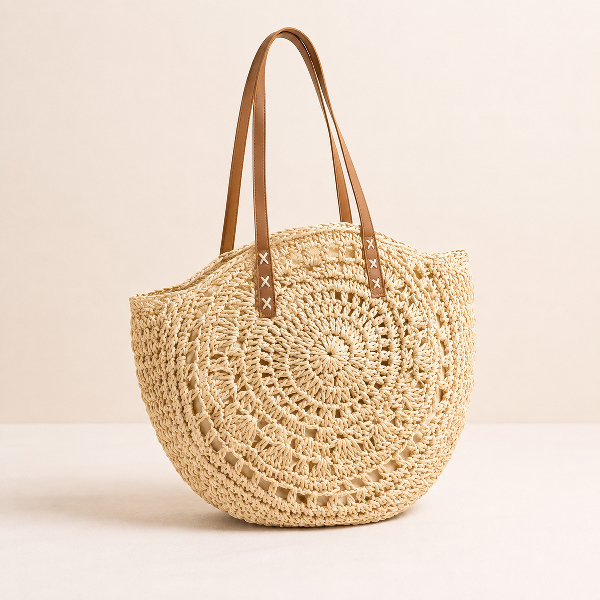 Luigia | Borsa Rotonda Intrecciata con Stampa - Beige Naturale