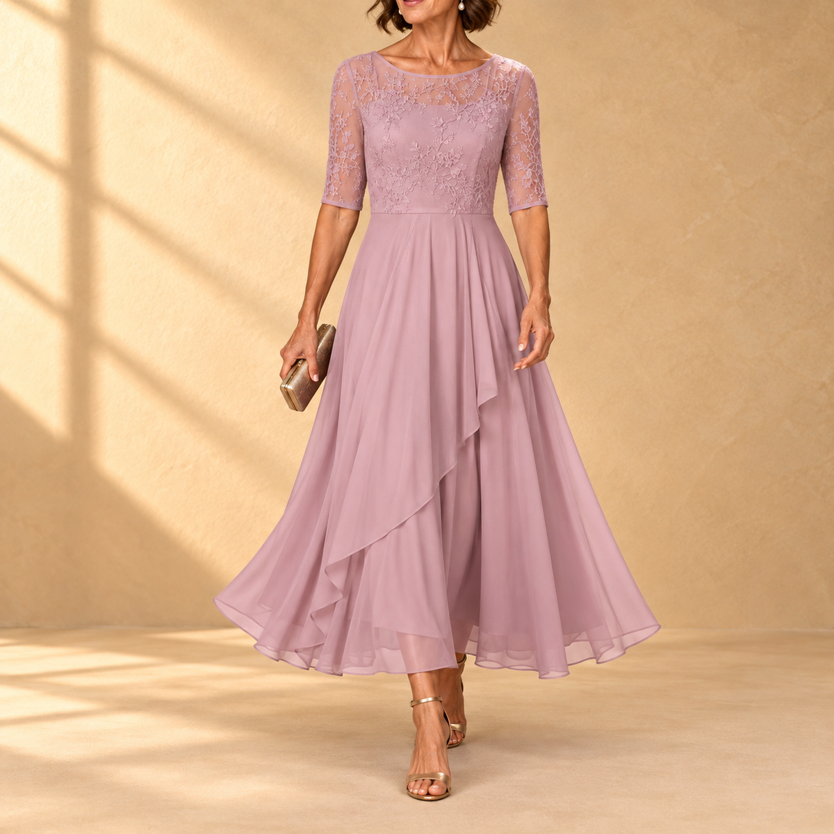 Rhonda | Abito Midi in Pizzo con Gonna in Chiffon
