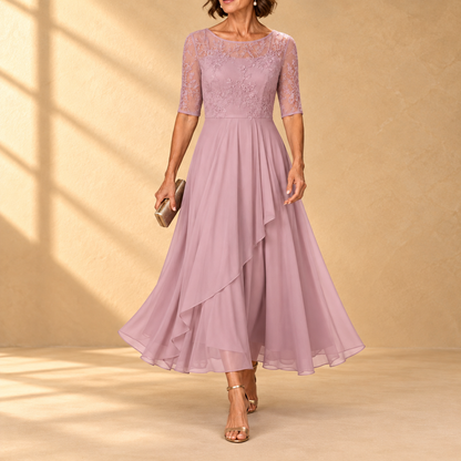 Rhonda | Abito Midi in Pizzo con Gonna in Chiffon
