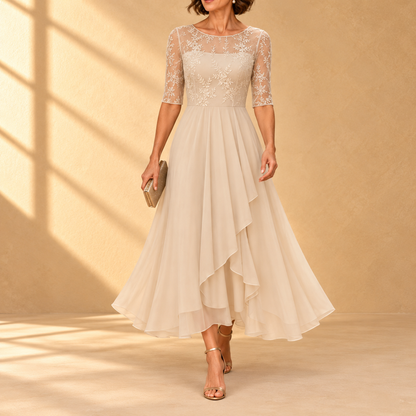 Rhonda | Abito Midi in Pizzo con Gonna in Chiffon