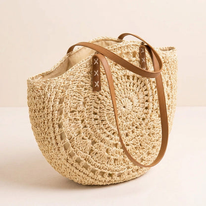 Luigia | Borsa Rotonda Intrecciata con Stampa - Beige Naturale