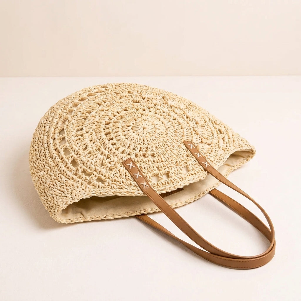 Luigia | Borsa Rotonda Intrecciata con Stampa - Beige Naturale
