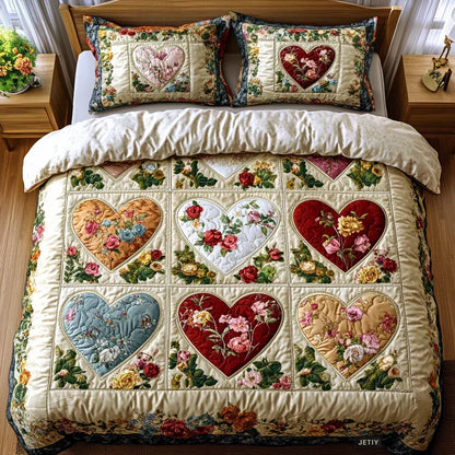 Cuori d'Amore | Set Copriletto Trapuntato 3 Pezzi