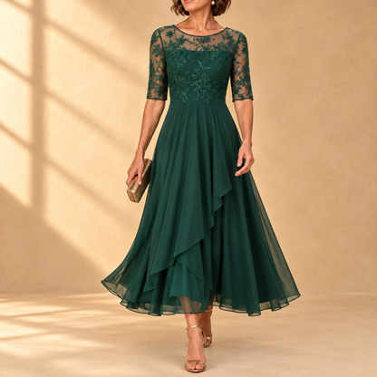 Rhonda | Abito Midi in Pizzo con Gonna in Chiffon