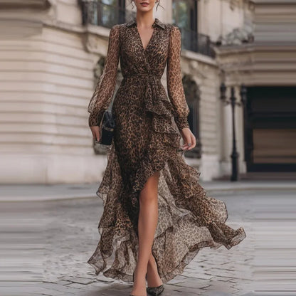 Savina | Abito Lungo Leopardato con Maniche Lunghe