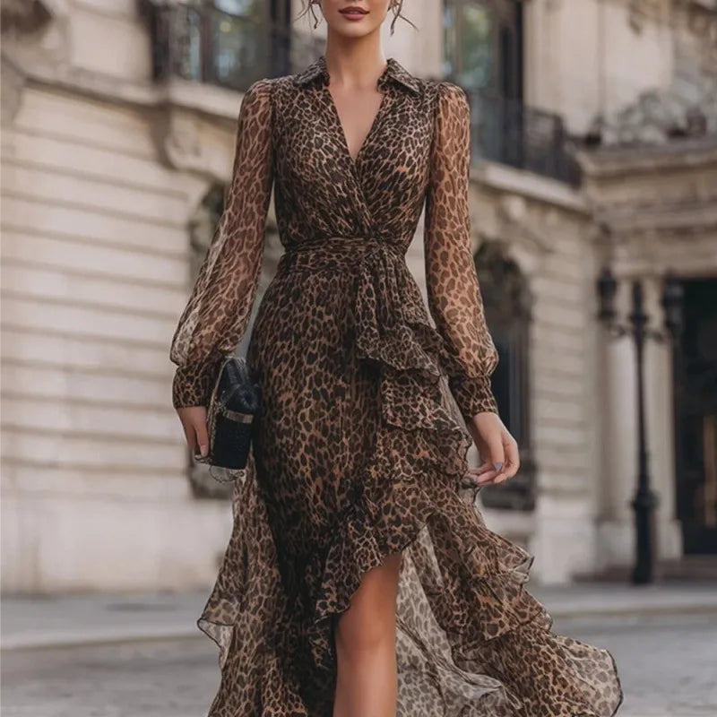 Savina | Abito Lungo Leopardato con Maniche Lunghe