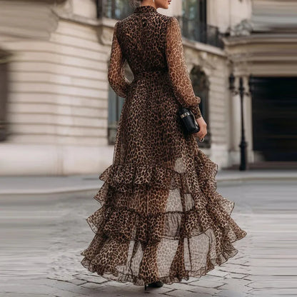 Savina | Abito Lungo Leopardato con Maniche Lunghe