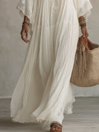 Adelaide | Abito lungo in chiffon color avorio con maniche a pipistrello e pizzo bianco