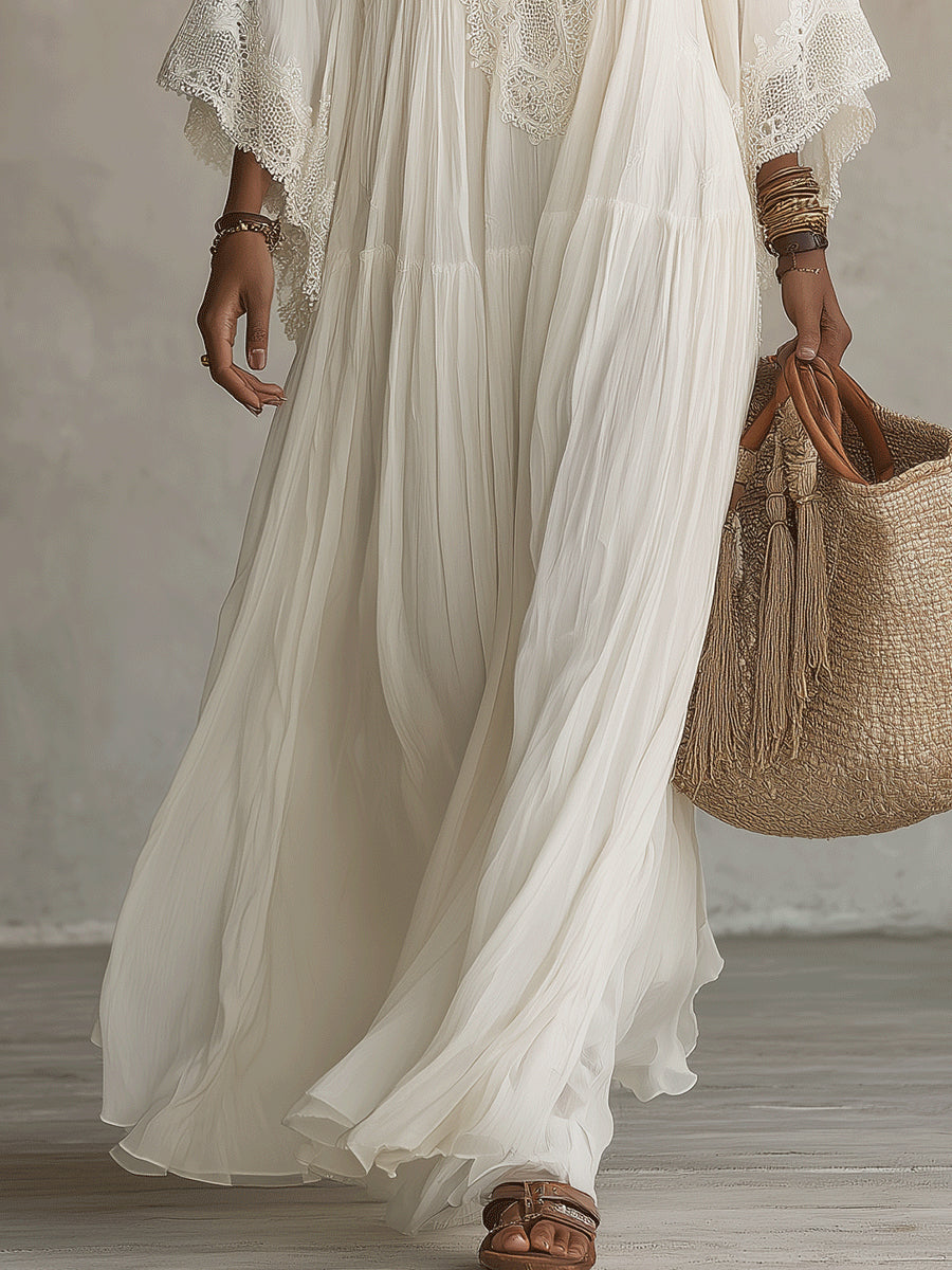 Adelaide | Abito lungo in chiffon color avorio con maniche a pipistrello e pizzo bianco