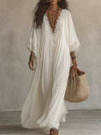Adelaide | Abito lungo in chiffon color avorio con maniche a pipistrello e pizzo bianco