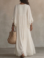 Adelaide | Abito lungo in chiffon color avorio con maniche a pipistrello e pizzo bianco