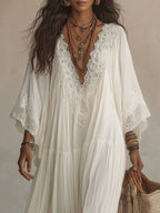 Adelaide | Abito lungo in chiffon color avorio con maniche a pipistrello e pizzo bianco