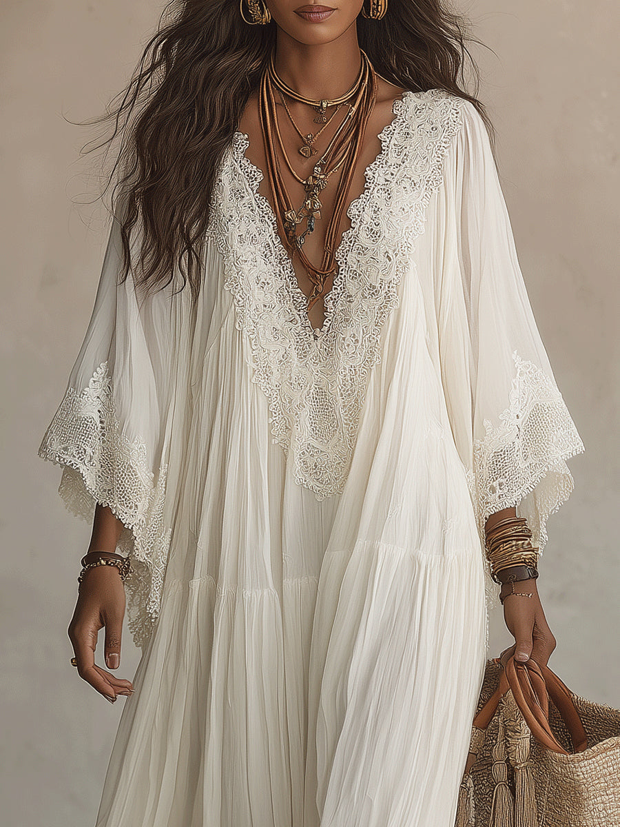 Adelaide | Abito lungo in chiffon color avorio con maniche a pipistrello e pizzo bianco