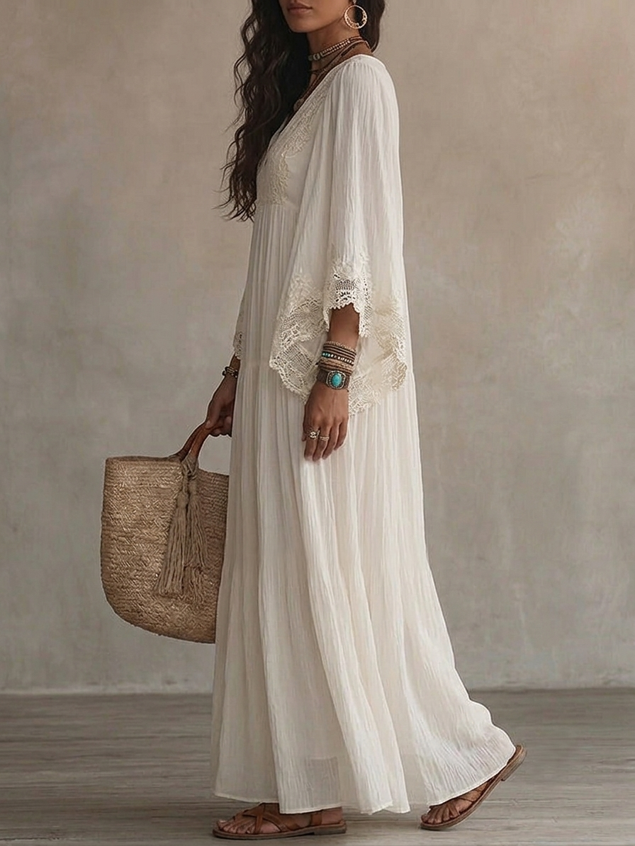 Adelaide | Abito lungo in chiffon color avorio con maniche a pipistrello e pizzo bianco