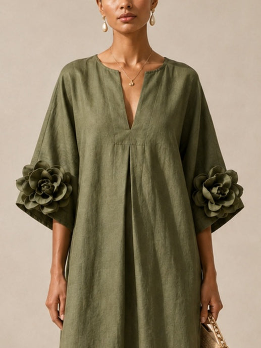Livia | Abito Midi Verde Oliva con Scollo a V
