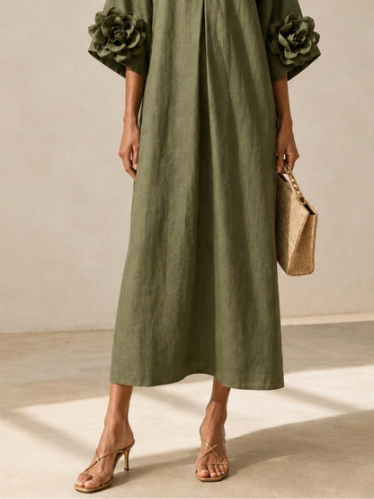 Livia | Abito Midi Verde Oliva con Scollo a V