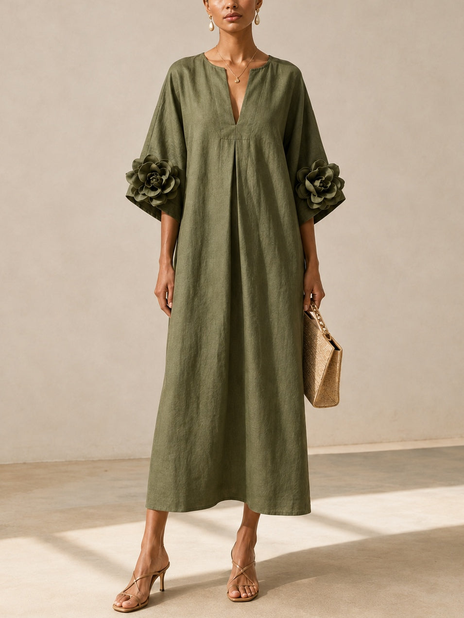 Livia | Abito Midi Verde Oliva con Scollo a V