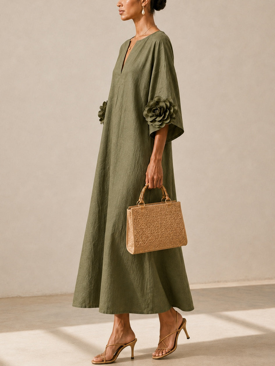 Livia | Abito Midi Verde Oliva con Scollo a V