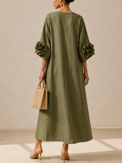 Livia | Abito Midi Verde Oliva con Scollo a V