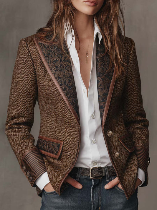 Gisella | Blazer Marrone a Pannelli Chevron