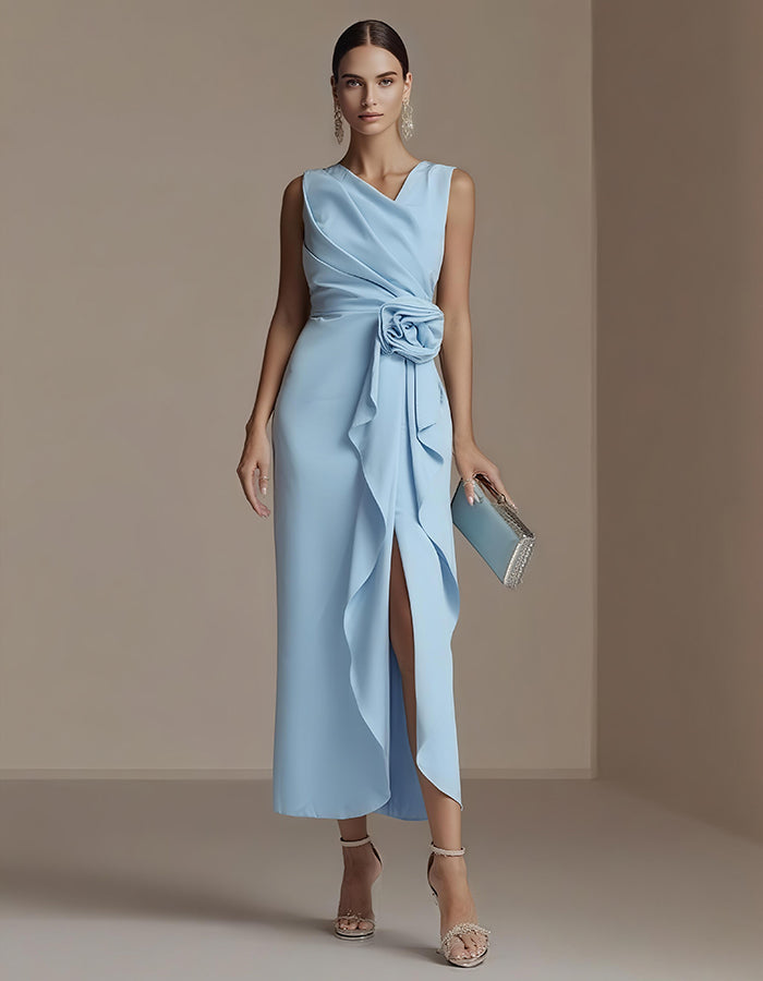 Elisabetta | Abito Midi Drappeggiato con Fiore in Vita e Spacco