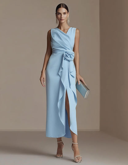 Elisabetta | Abito Midi Drappeggiato con Fiore in Vita e Spacco