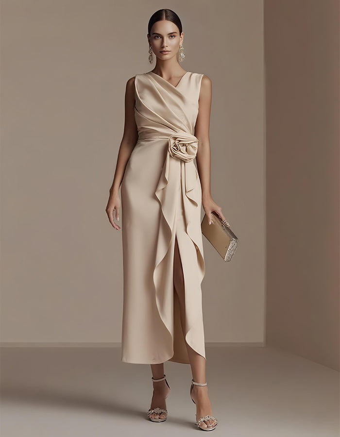 Elisabetta | Abito Midi Drappeggiato con Fiore in Vita e Spacco