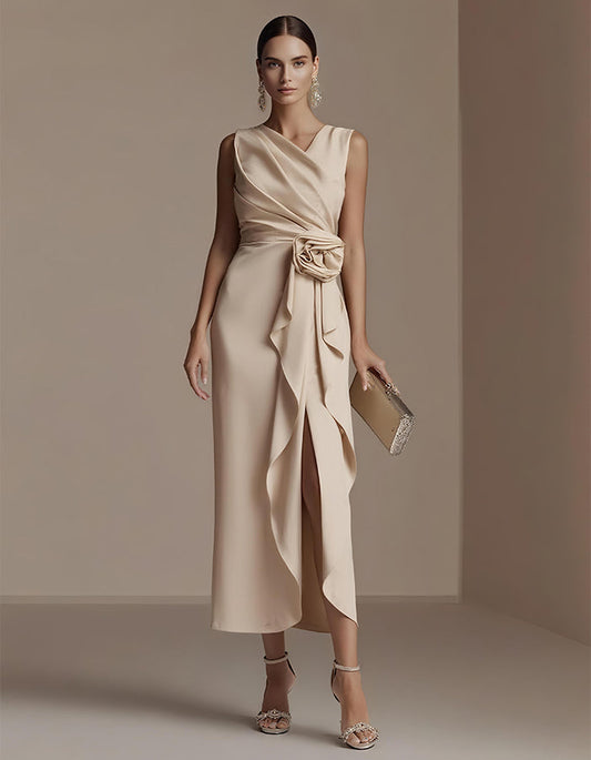 Elisabetta | Abito Midi Drappeggiato con Fiore in Vita e Spacco