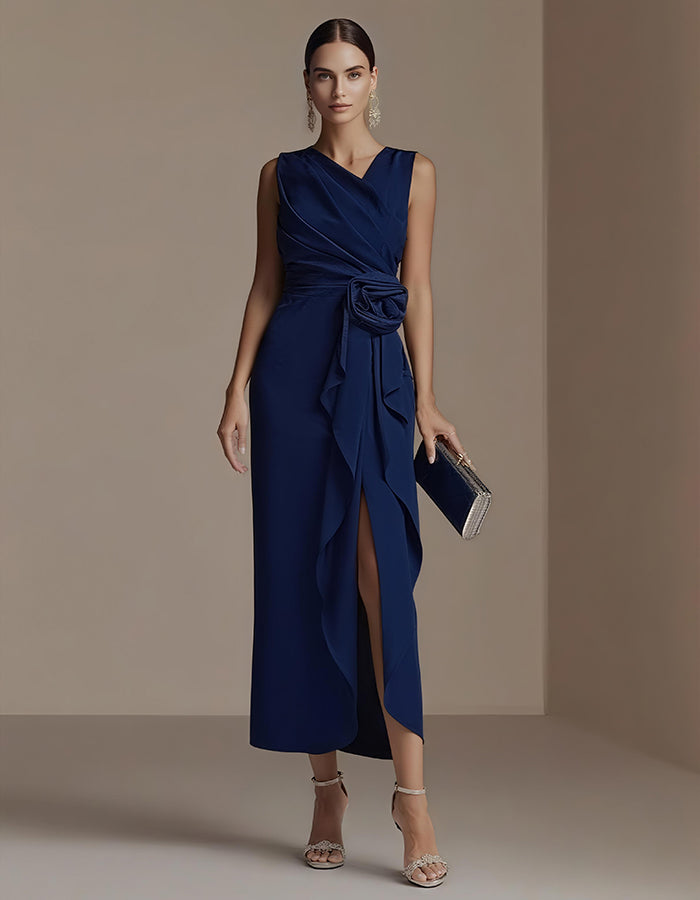 Elisabetta | Abito Midi Drappeggiato con Fiore in Vita e Spacco