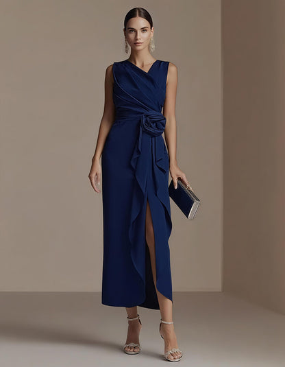 Elisabetta | Abito Midi Drappeggiato con Fiore in Vita e Spacco