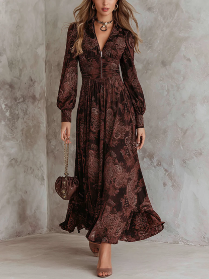 Oriana | Abito Lungo a Vita Alta con Zip e Stampa Paisley